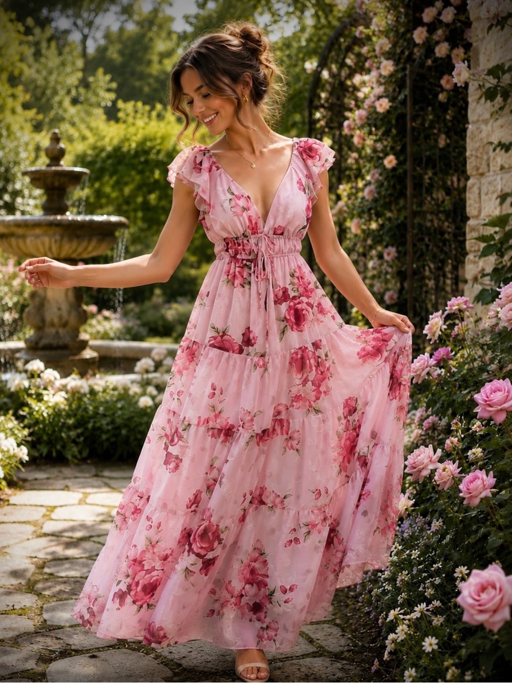 Romantic Pink Blush Floral Flutter Sleeve Cottagecore V-Neck Flowy Maxi Dress S
